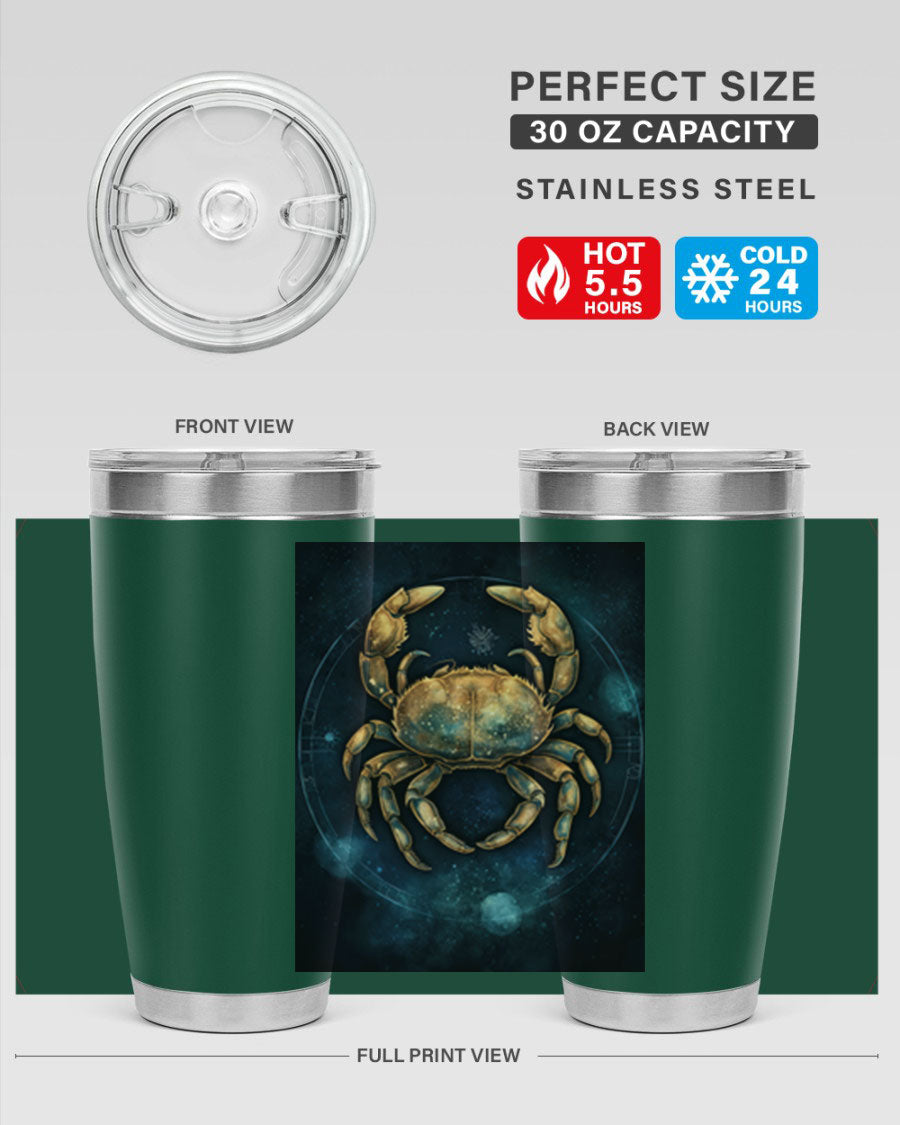 Cancer 57# Tumbler featuring a sleek design, double wall vacuum stainless steel, and a press-in drink-thru lid, ideal for hot and cold beverages.