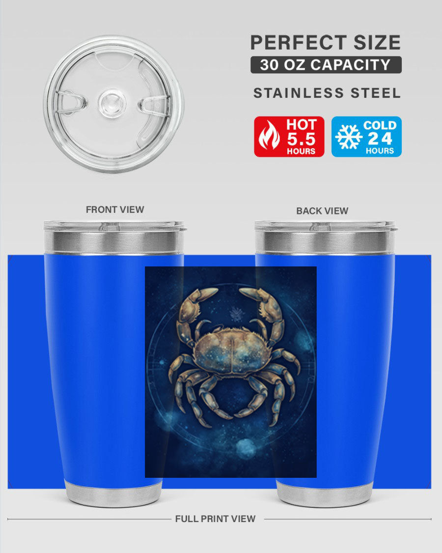 Cancer 57# Tumbler featuring a sleek design, double wall vacuum stainless steel, and a press-in drink-thru lid, ideal for hot and cold beverages.