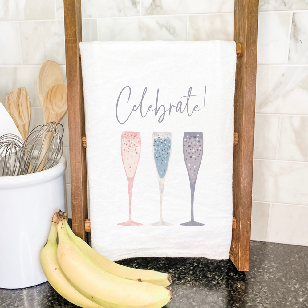 Celebrate Champagne Cotton Tea Towel featuring vibrant champagne-themed design, made from 100% absorbent cotton.