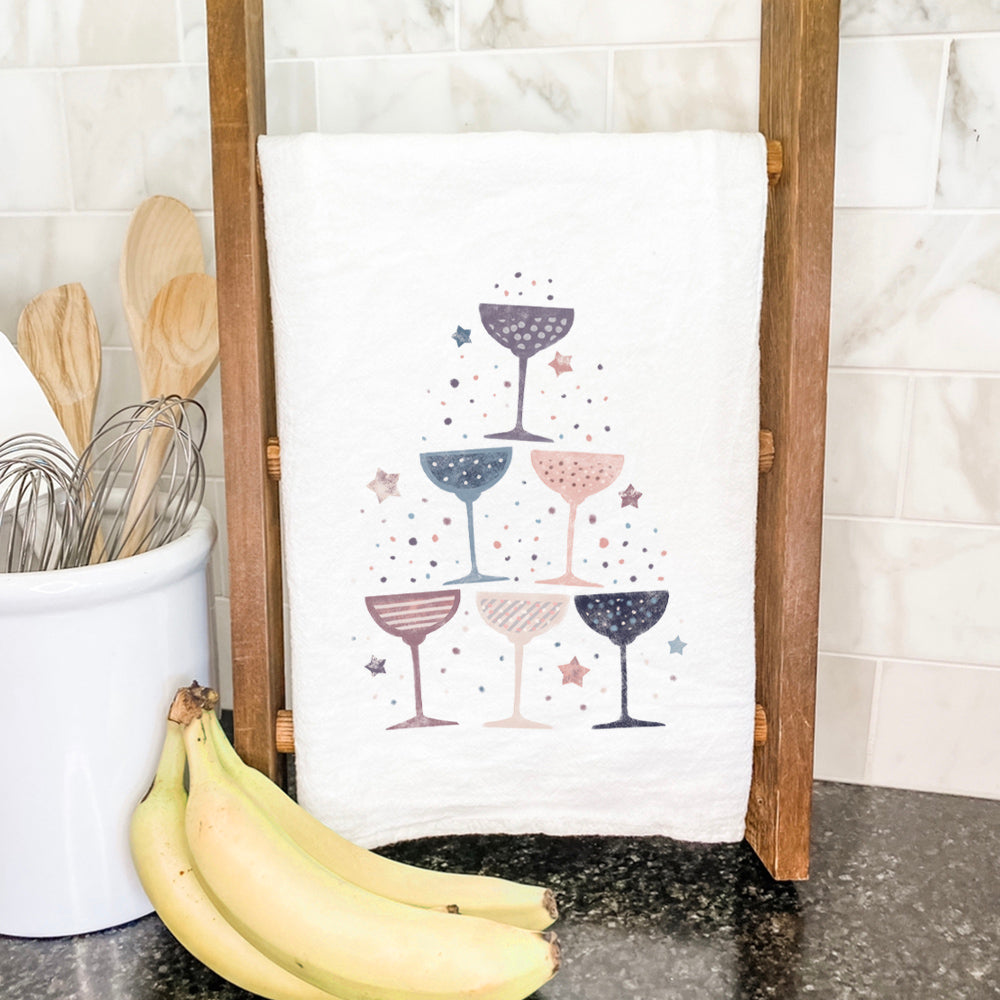 Champagne Pyramid Cotton Tea Towel featuring vibrant colors and a unique design, perfect for kitchen use.