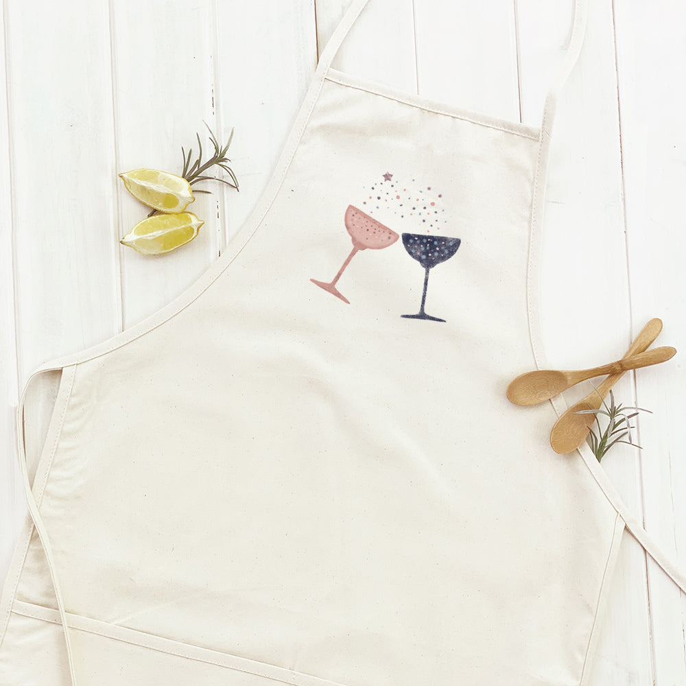 Champagne Toast Women's Apron in elegant design with natural twill ties and divided front pocket.