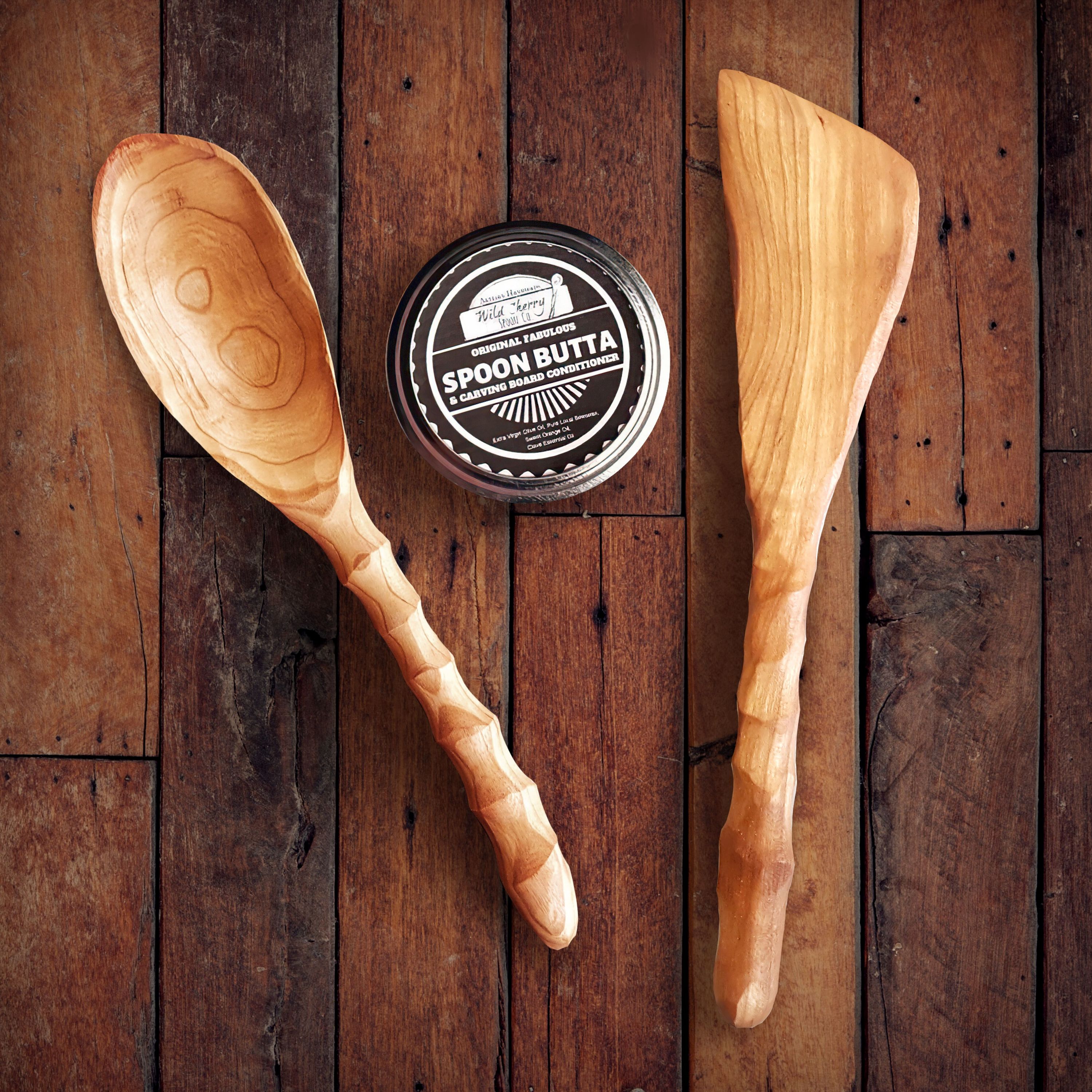 Chef Spoon and Wooden Spatula Combo Set with SpoonButta Conditioner, showcasing handcrafted cherry wood utensils.