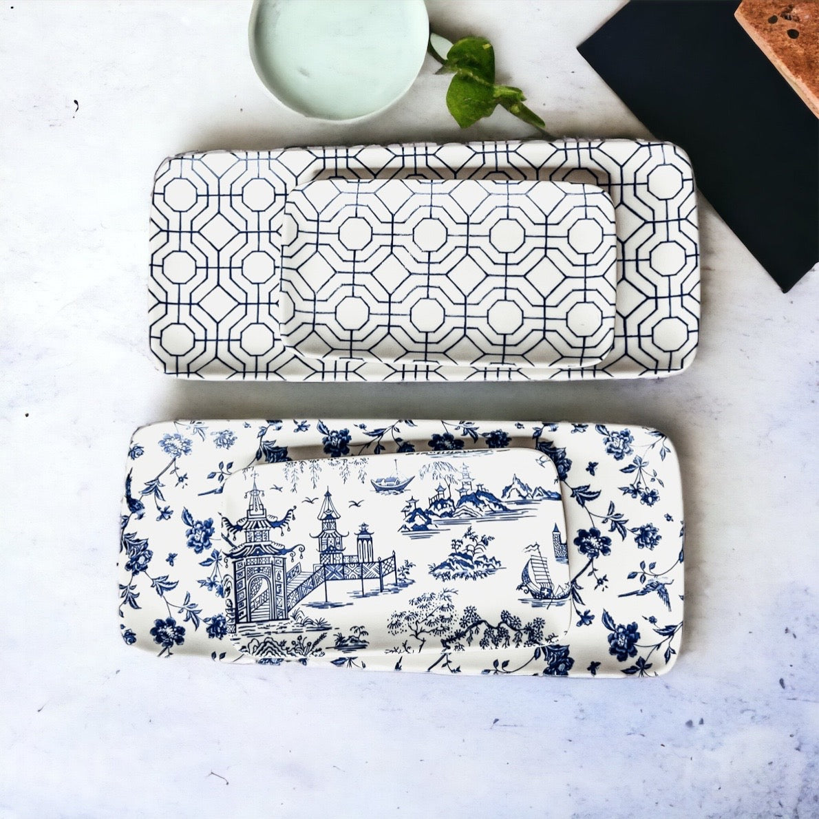 Chinoiserie Serving Set featuring 4 pieces with blue and white patterns, including serving and tidbit trays.