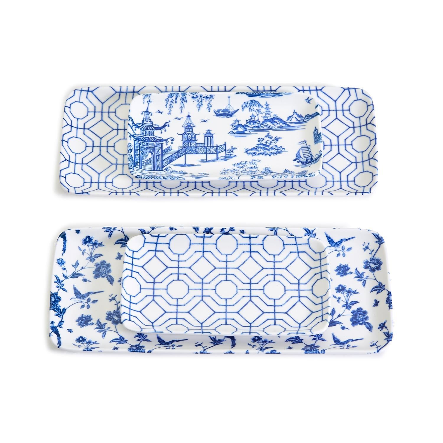 Chinoiserie Serving Set featuring 4 pieces with blue and white patterns, including serving and tidbit trays.