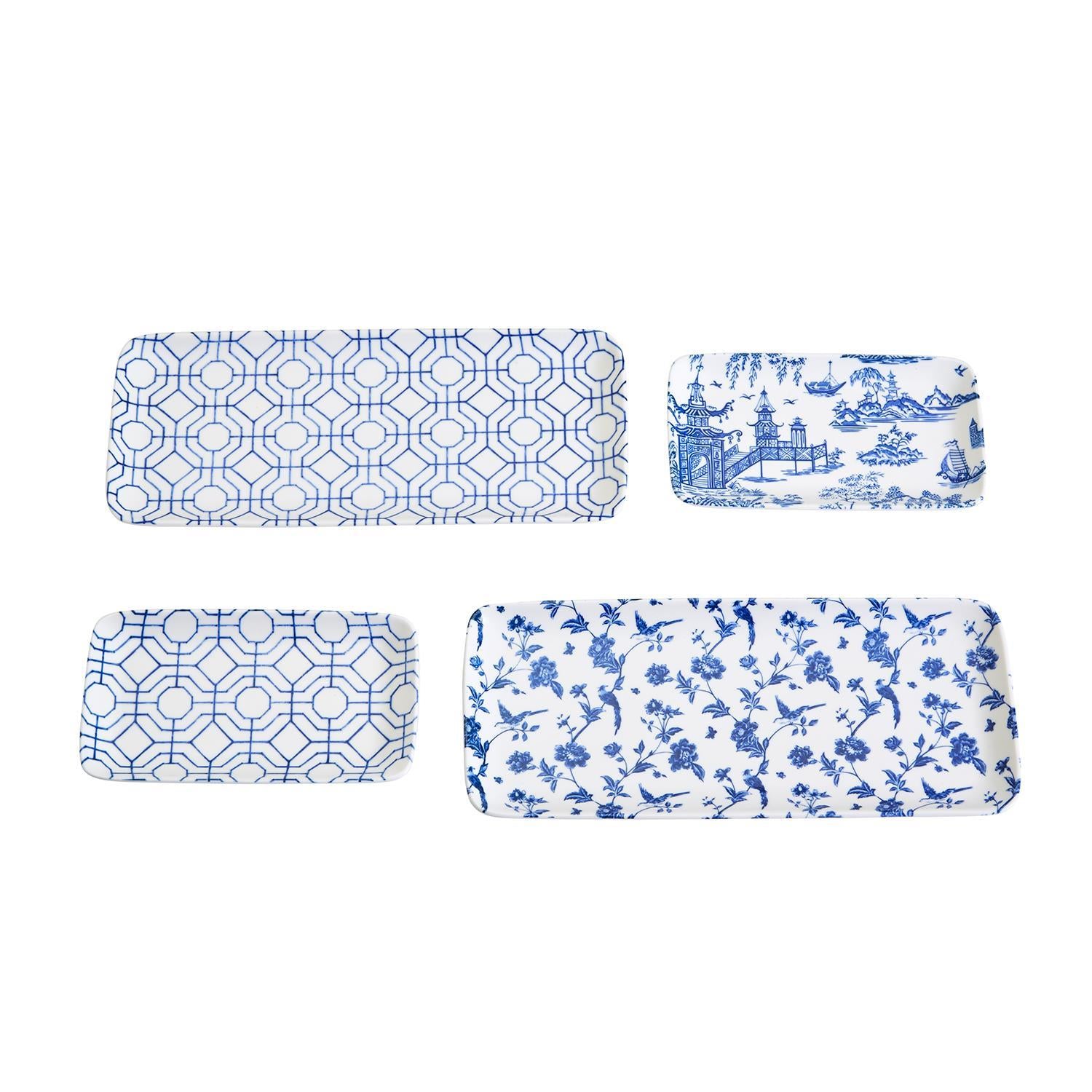 Chinoiserie Serving Set featuring 4 pieces with blue and white patterns, including serving and tidbit trays.