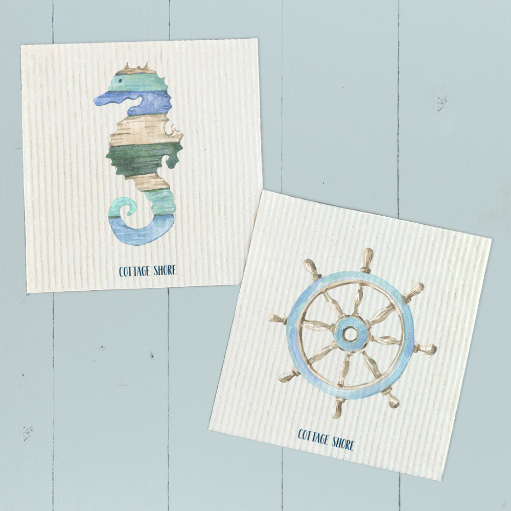 Coastal Wood Seahorse and Ship Wheel Swedish Dish Cloths in a 2-pack, featuring vibrant coastal designs on eco-friendly fabric.