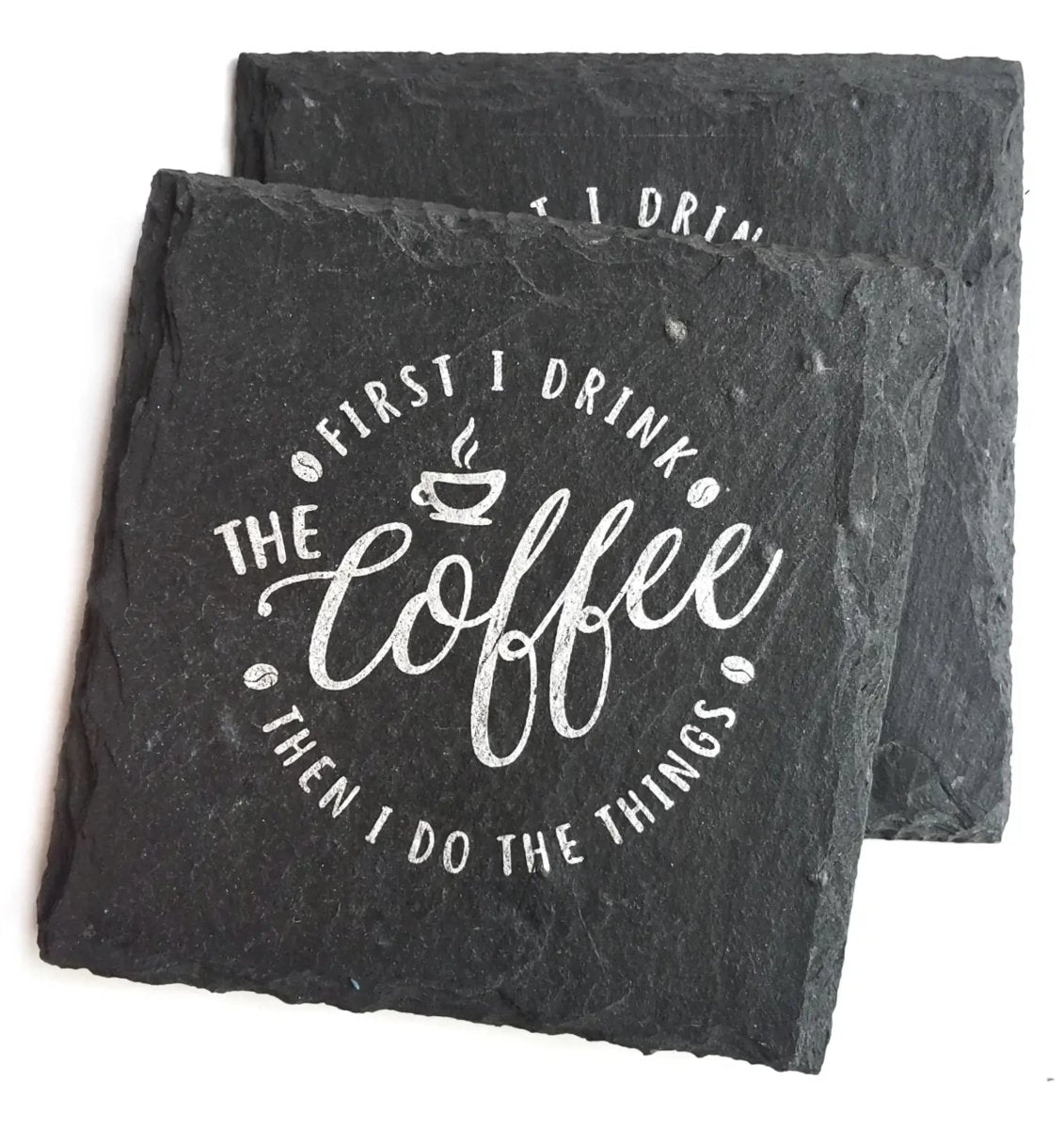 Premium artisan crafted slate coaster with cork feet, hand-stamped design, perfect for coffee lovers.