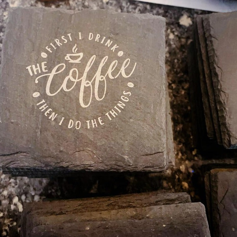 Premium artisan crafted slate coaster with cork feet, hand-stamped design, perfect for coffee lovers.