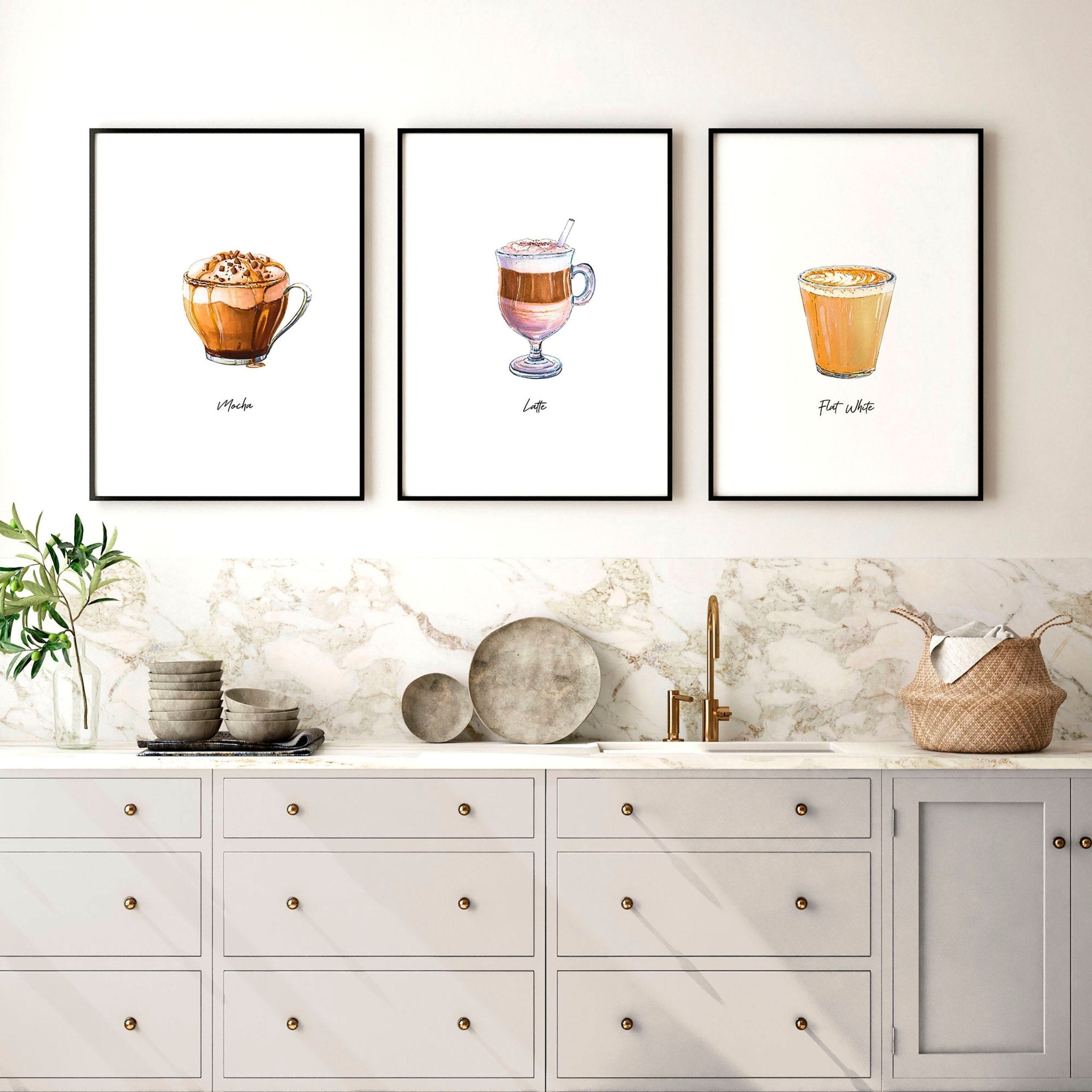 Set of 3 coffee wall art prints featuring vibrant watercolour illustrations of different coffee types, perfect for kitchen decor.