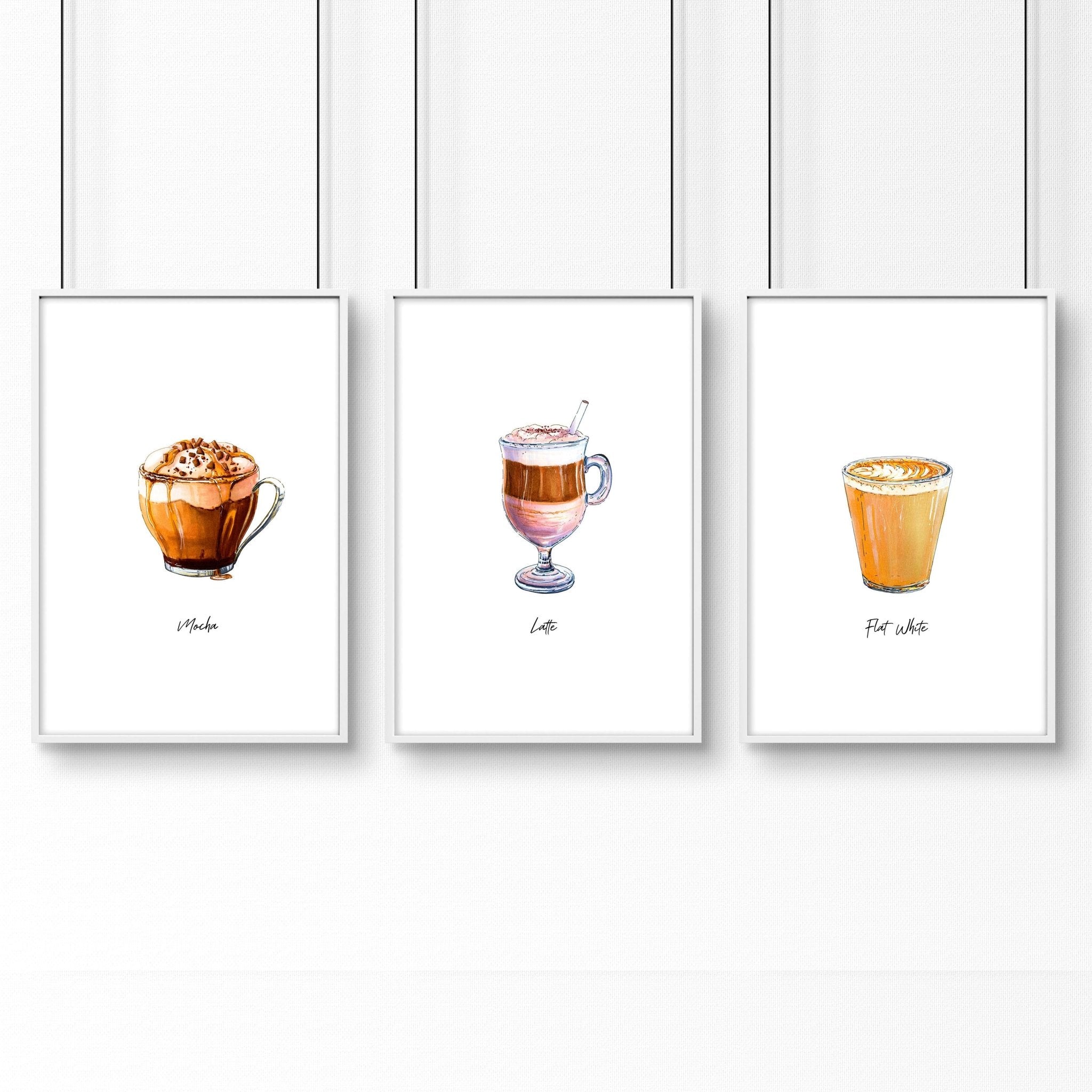 Set of 3 coffee wall art prints featuring vibrant watercolour illustrations of different coffee types, perfect for kitchen decor.