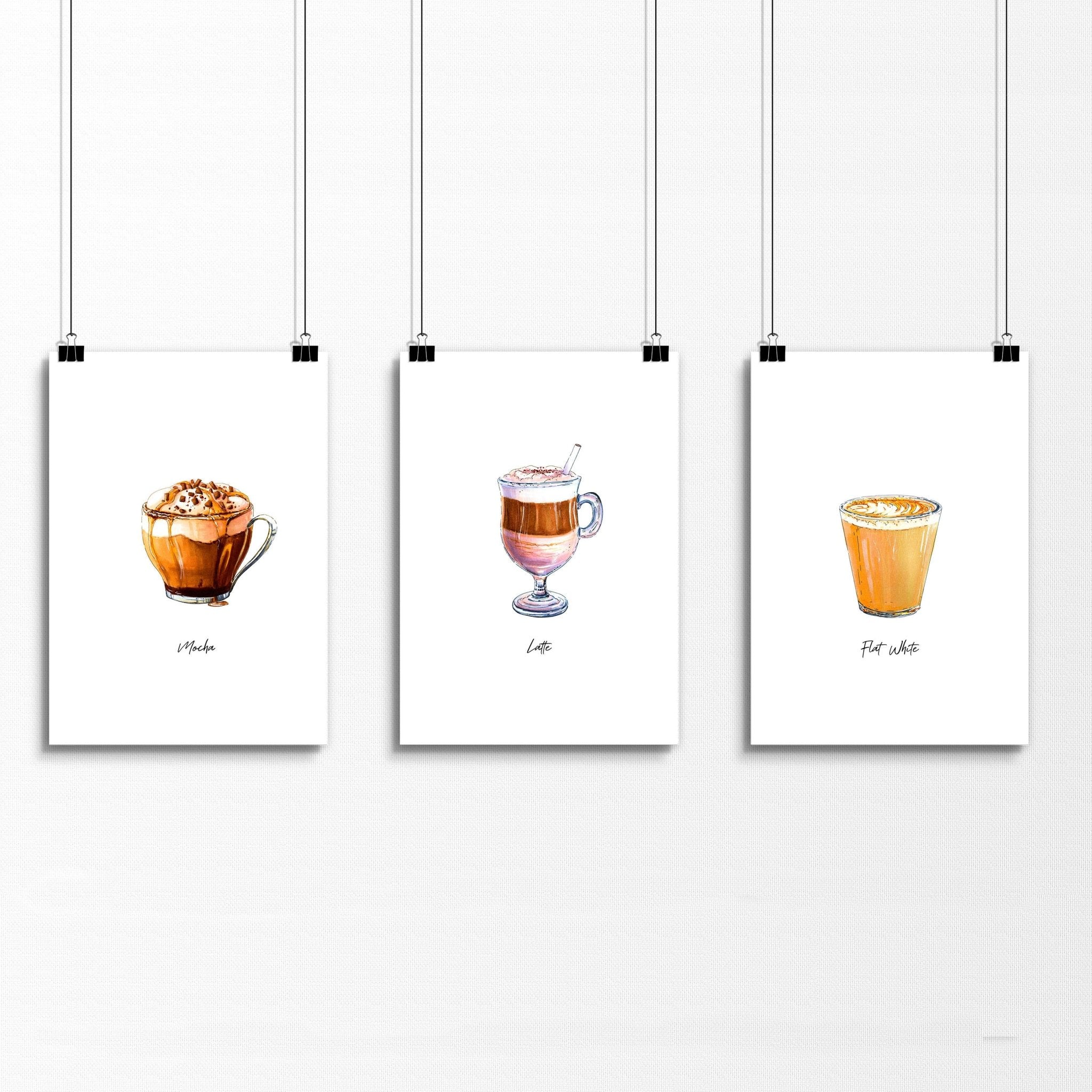 Set of 3 coffee wall art prints featuring vibrant watercolour illustrations of different coffee types, perfect for kitchen decor.