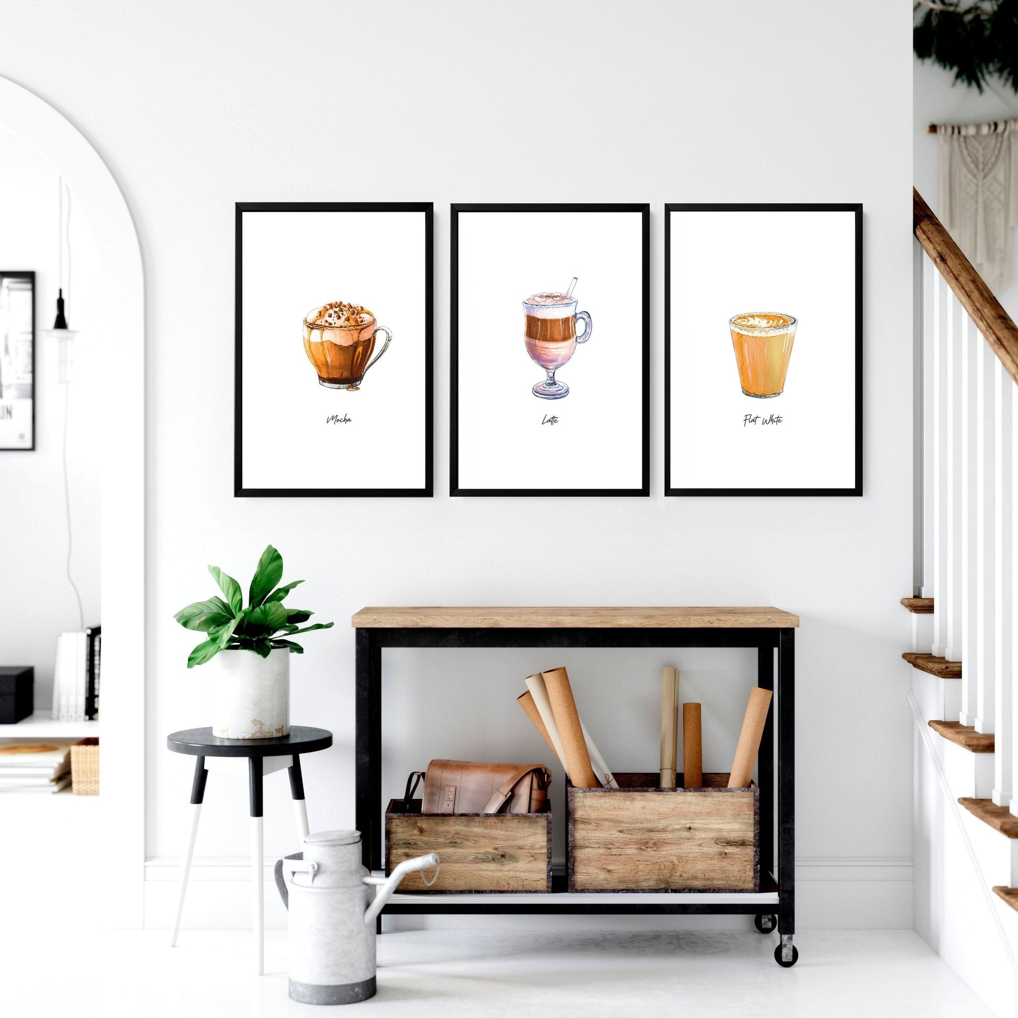 Set of 3 coffee wall art prints featuring vibrant watercolour illustrations of different coffee types, perfect for kitchen decor.