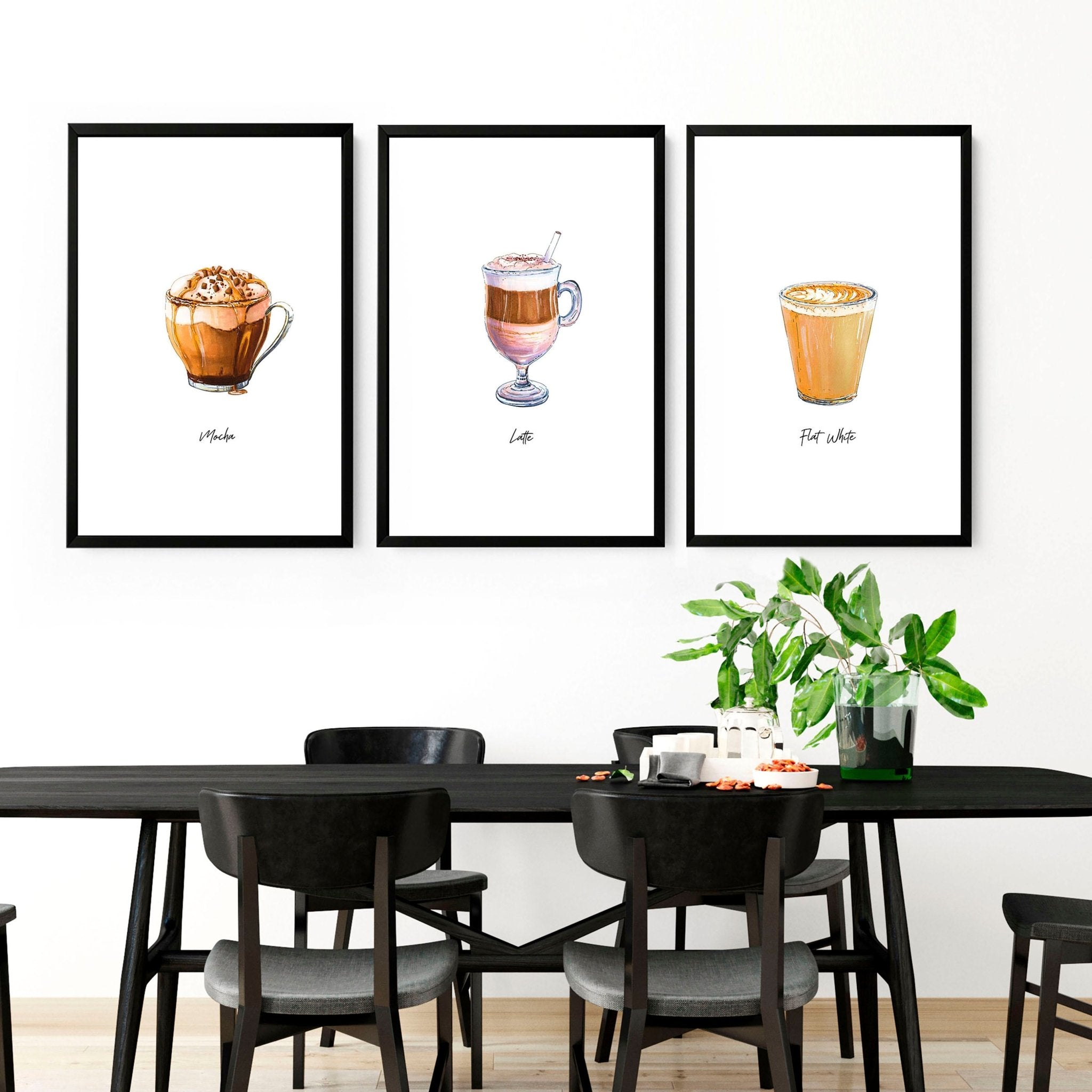 Set of 3 coffee wall art prints featuring vibrant watercolour illustrations of different coffee types, perfect for kitchen decor.