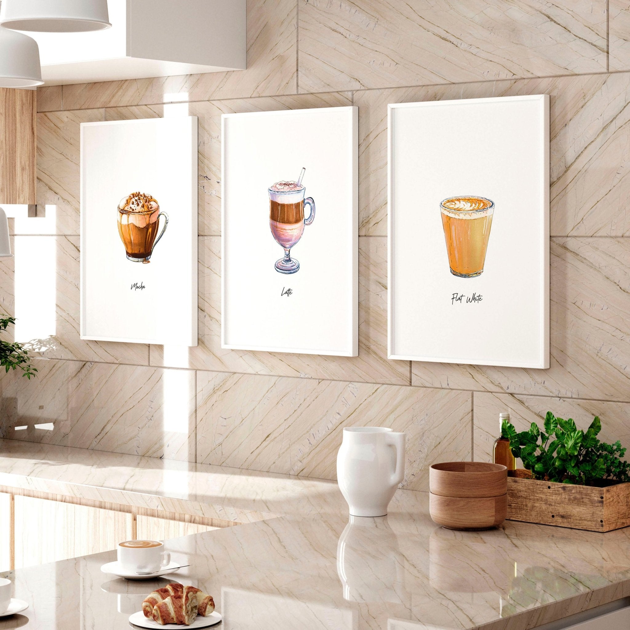 Set of 3 coffee wall art prints featuring vibrant watercolour illustrations of different coffee types, perfect for kitchen decor.