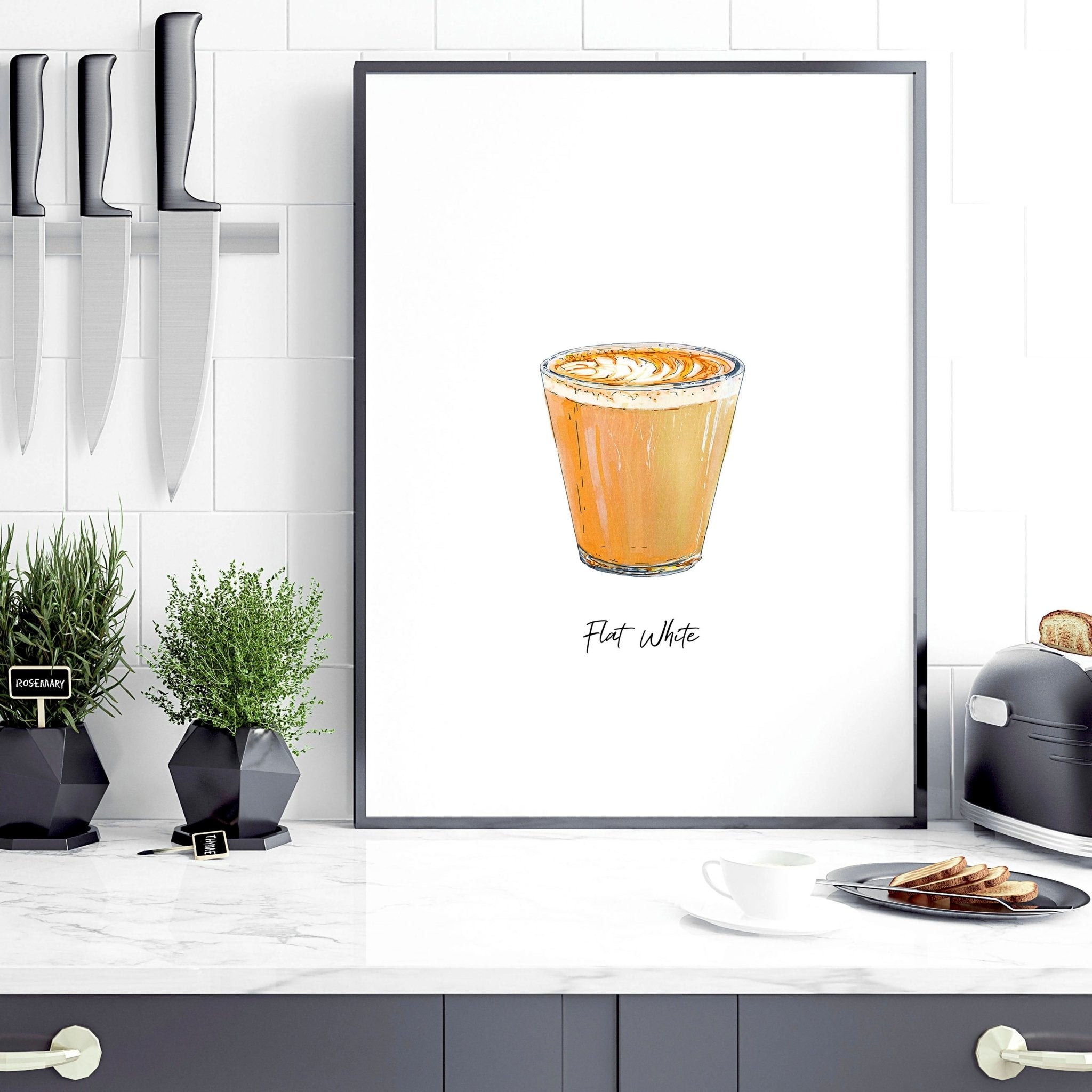 Set of 3 coffee wall art prints featuring vibrant watercolour illustrations of different coffee types, perfect for kitchen decor.