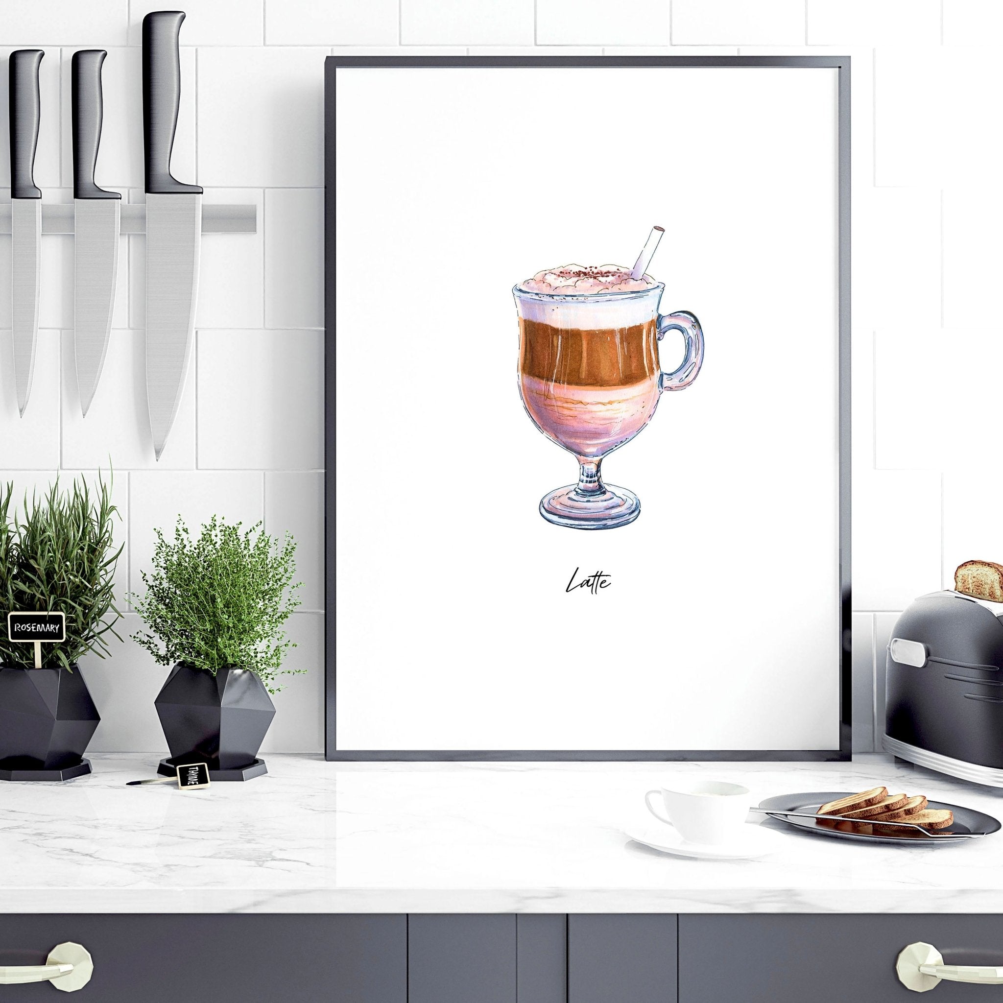 Set of 3 coffee wall art prints featuring vibrant watercolour illustrations of different coffee types, perfect for kitchen decor.