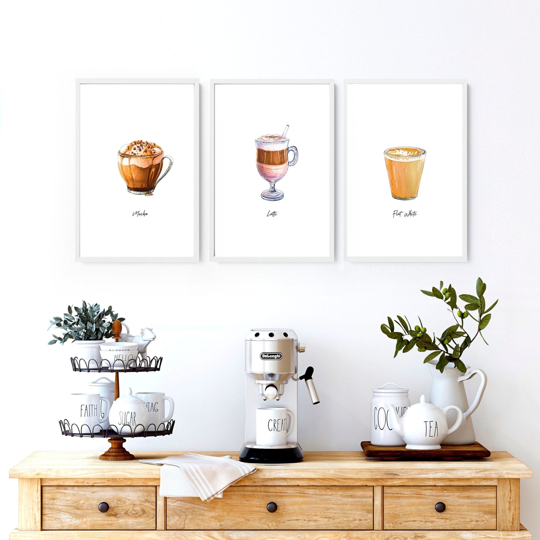 Set of 3 coffee wall art prints featuring vibrant watercolour illustrations of different coffee types, perfect for kitchen decor.