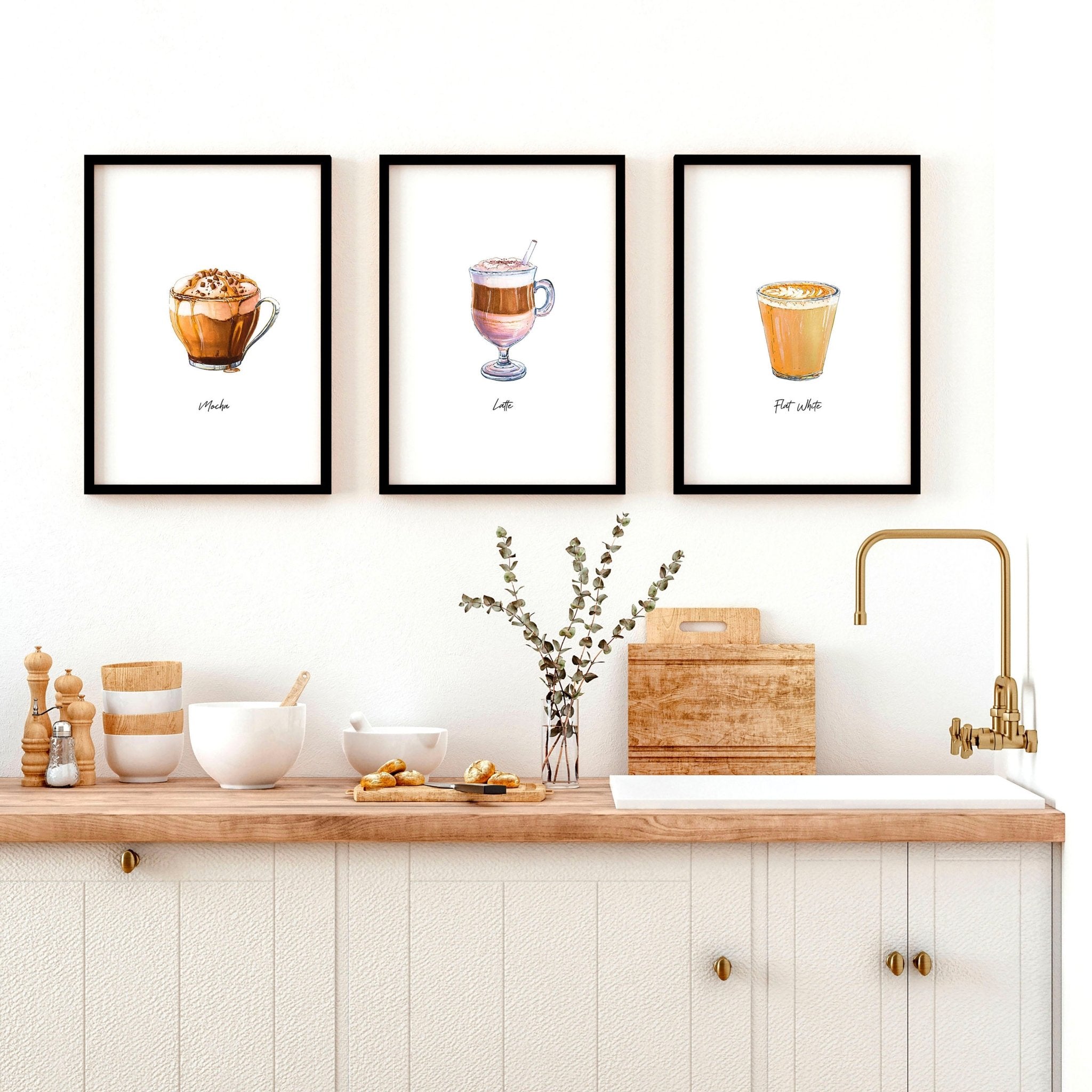 Set of 3 coffee wall art prints featuring vibrant watercolour illustrations of different coffee types, perfect for kitchen decor.