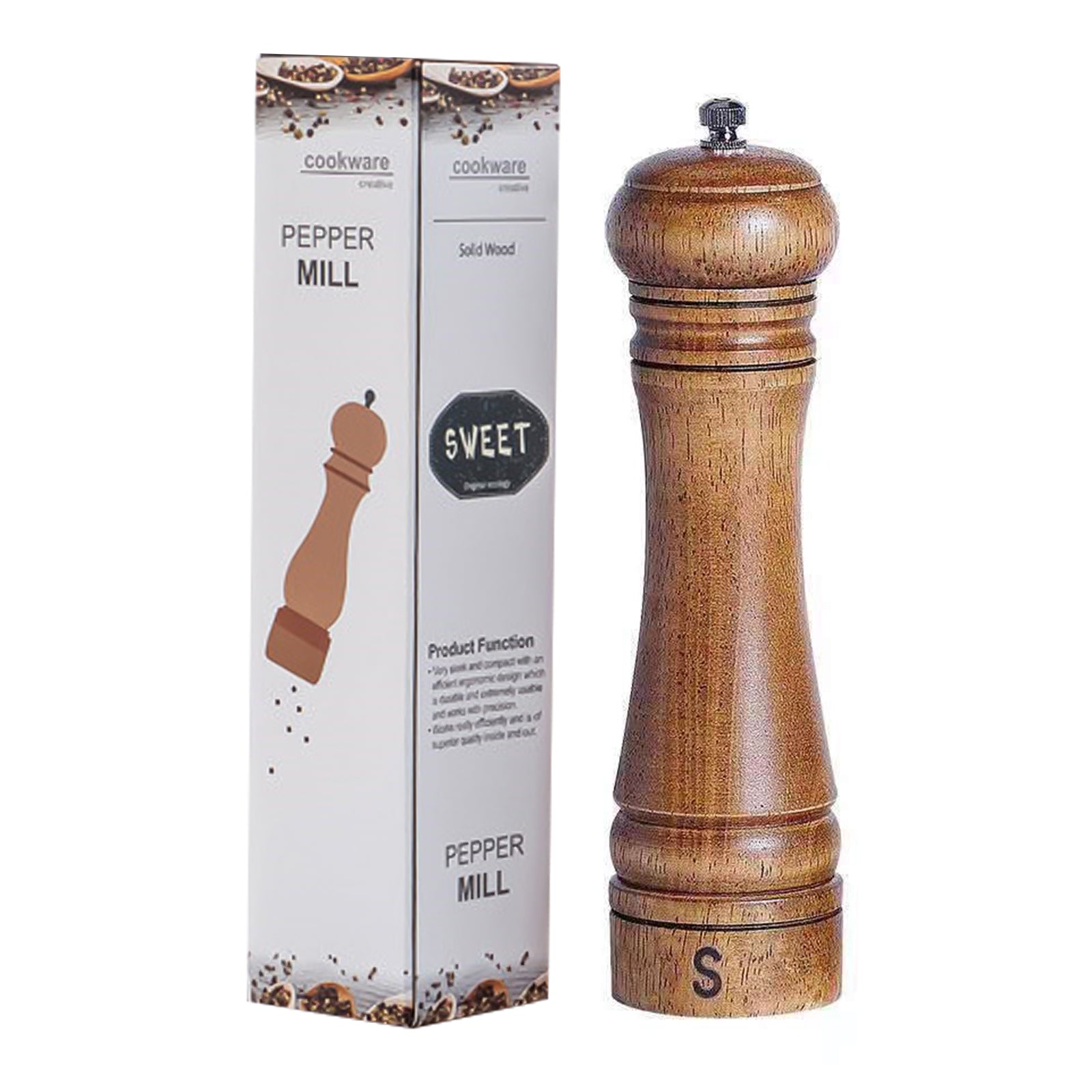 Wooden salt and pepper grinder with adjustable settings, showcasing its elegant design and eco-friendly materials.