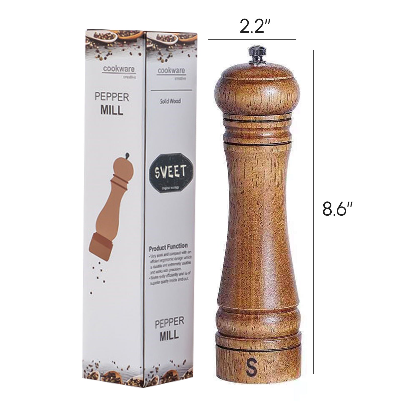 Wooden salt and pepper grinder with adjustable settings, showcasing its elegant design and eco-friendly materials.