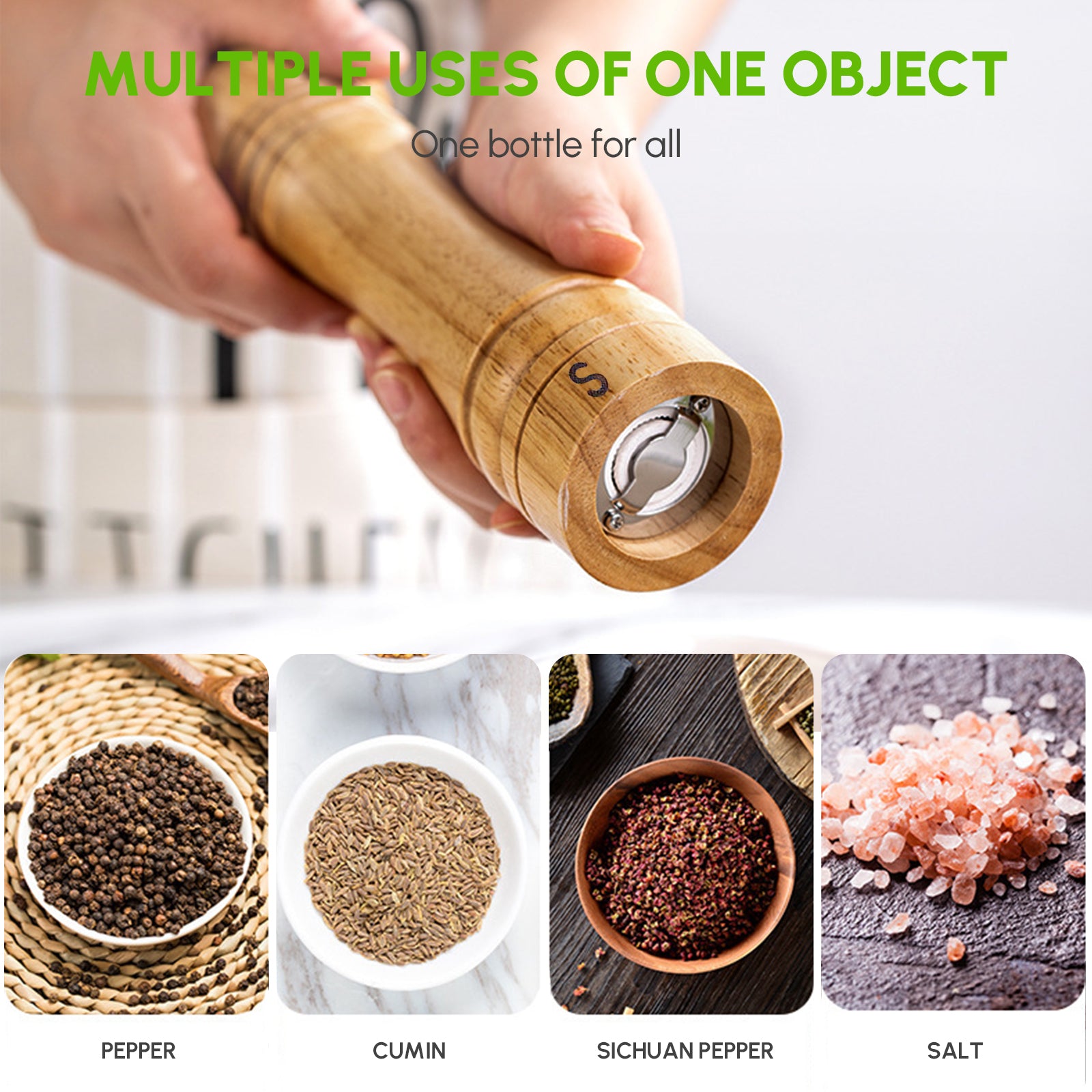 Wooden salt and pepper grinder with adjustable settings, showcasing its elegant design and eco-friendly materials.