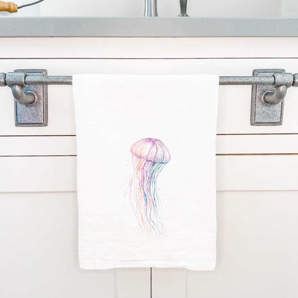 Colorful Jellyfish cotton tea towel featuring vibrant jellyfish design on a white background, perfect for kitchen use.