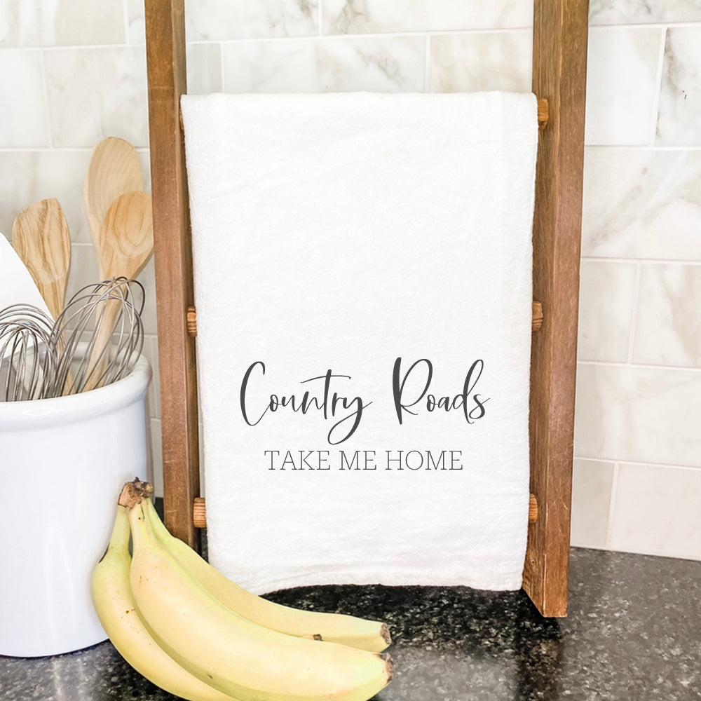 Country Roads Take Me Home cotton tea towel featuring a vibrant design, perfect for kitchen use.