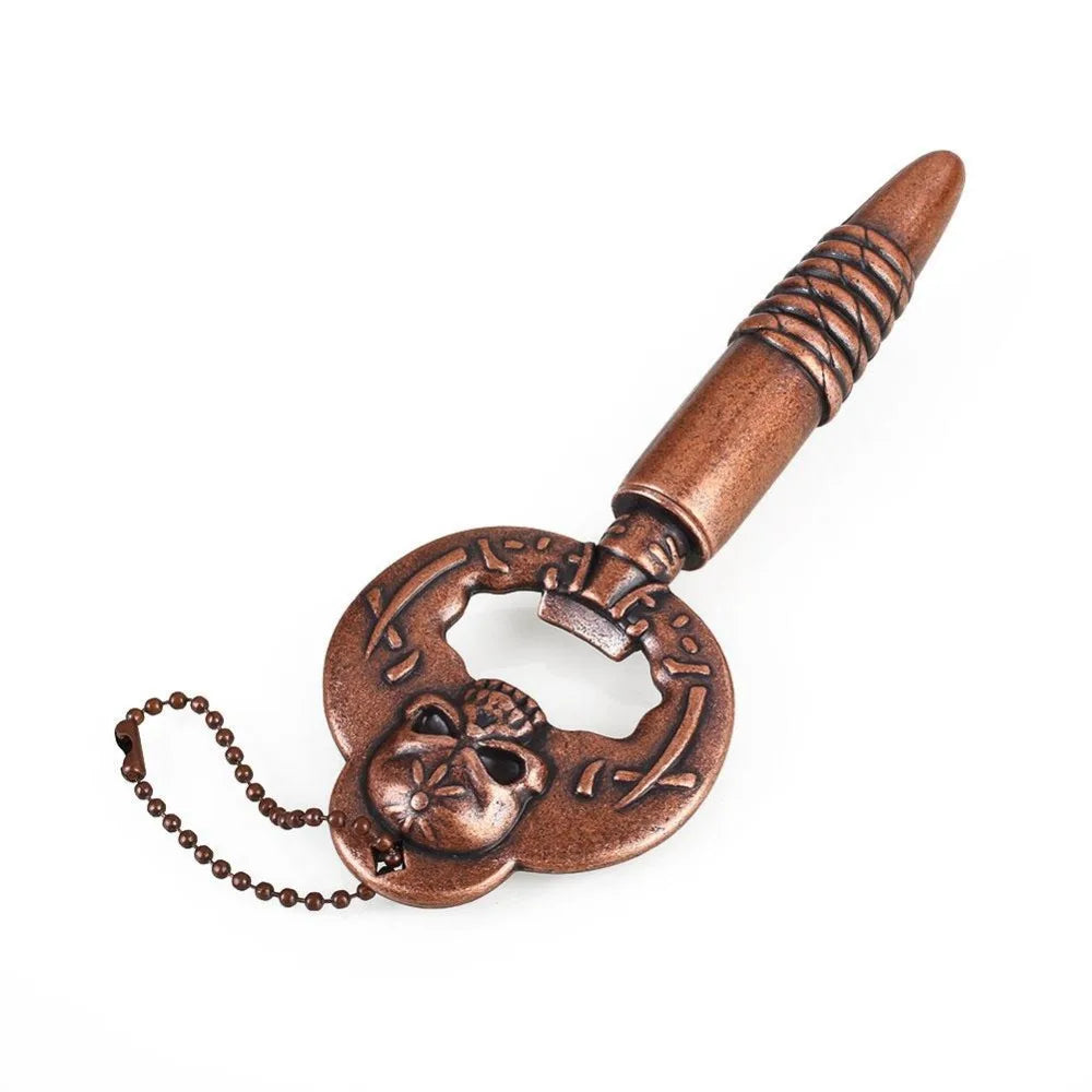 Creative Multi-function Beer Wine Bottle Opener featuring a skull and bullet design in vintage bronze color, made of durable zinc alloy.