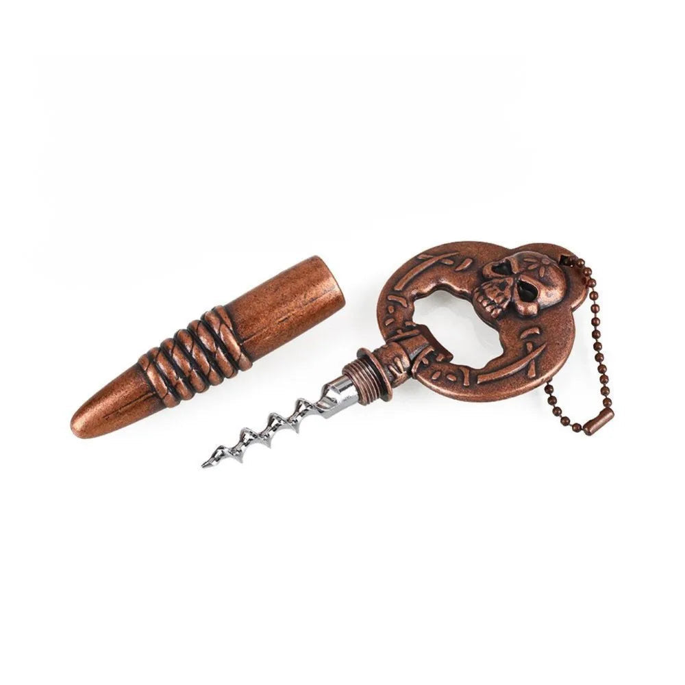 Creative Multi-function Beer Wine Bottle Opener featuring a skull and bullet design in vintage bronze color, made of durable zinc alloy.