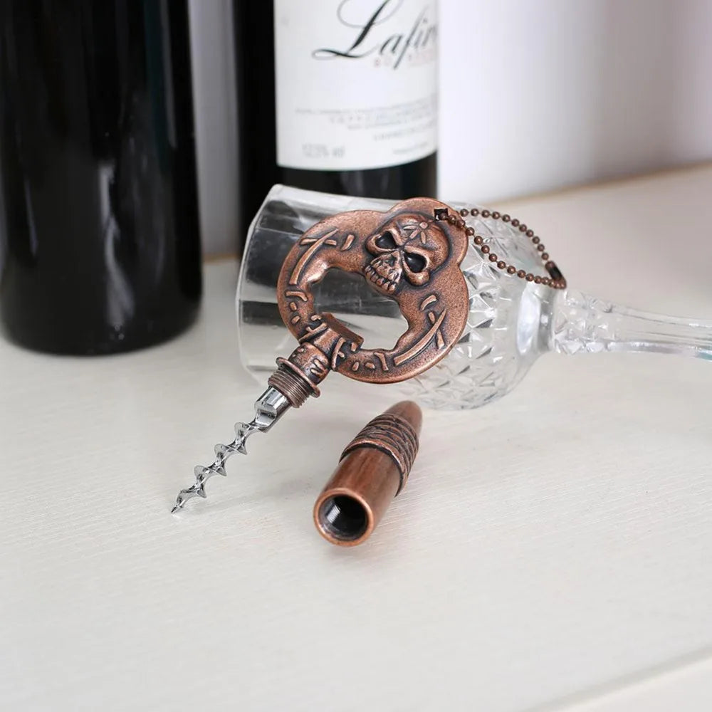 Creative Multi-function Beer Wine Bottle Opener featuring a skull and bullet design in vintage bronze color, made of durable zinc alloy.