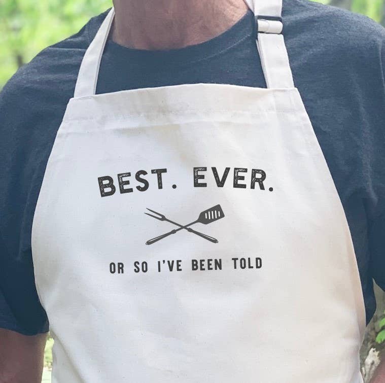 Dad's Best Ever Apron made of cotton canvas with adjustable neck and deep pocket, featuring a humorous print.