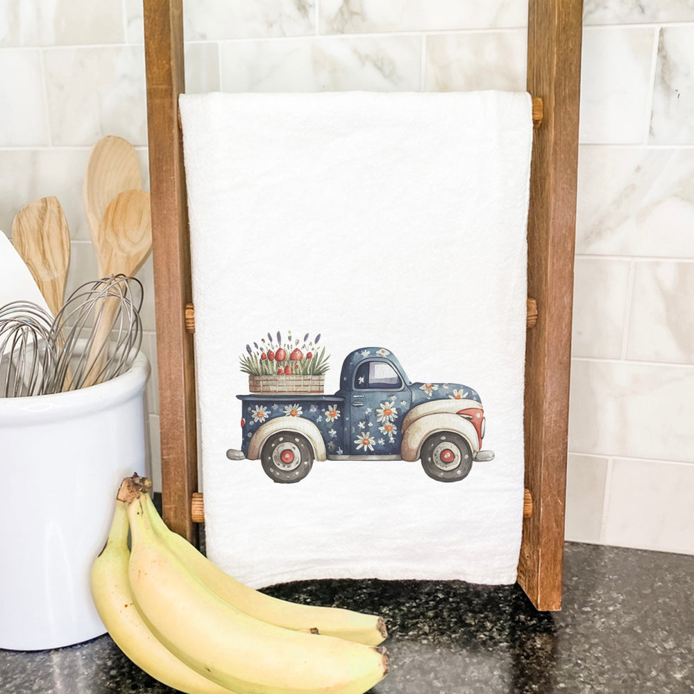 Daisy Farmhouse Truck Cotton Tea Towel featuring a vibrant truck design on absorbent cotton fabric, perfect for kitchen use.