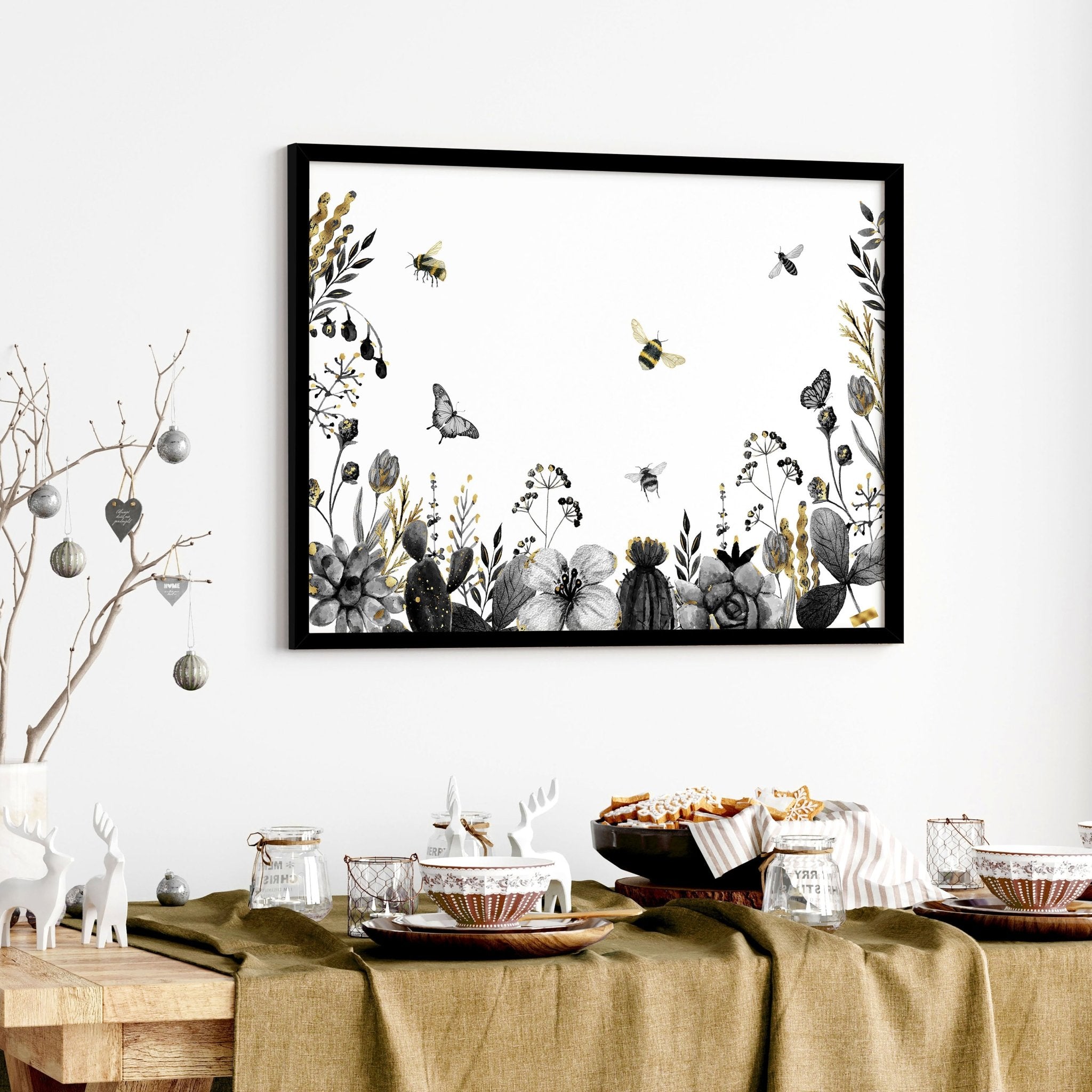 A beautifully detailed wall art print featuring bees, showcasing their intricate design and vibrant colors, perfect for kitchen decor.