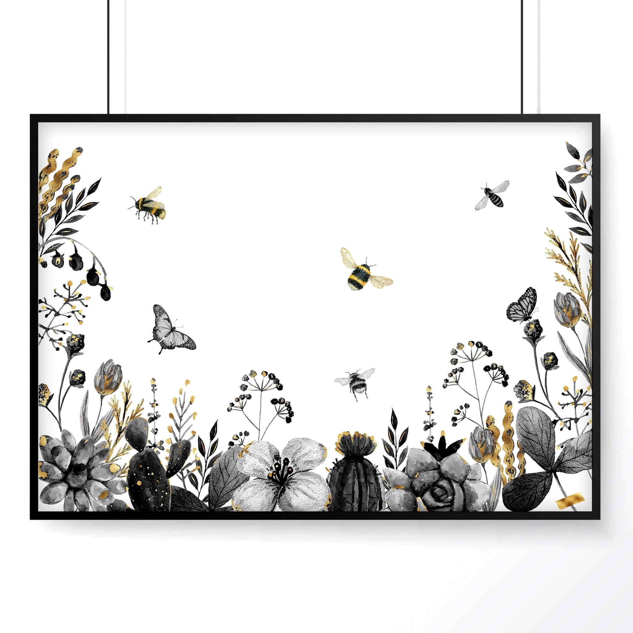 A beautifully detailed wall art print featuring bees, showcasing their intricate design and vibrant colors, perfect for kitchen decor.