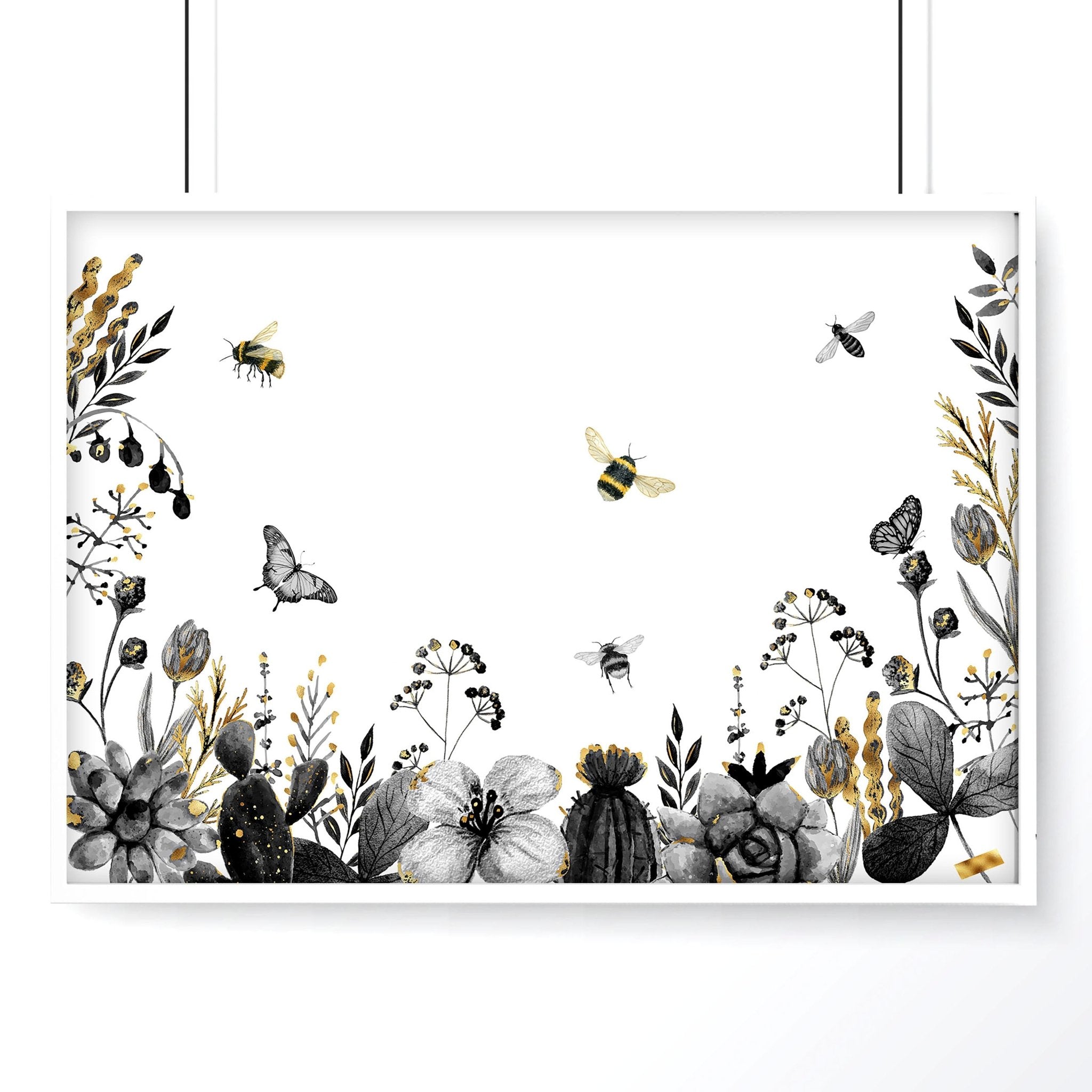 A beautifully detailed wall art print featuring bees, showcasing their intricate design and vibrant colors, perfect for kitchen decor.