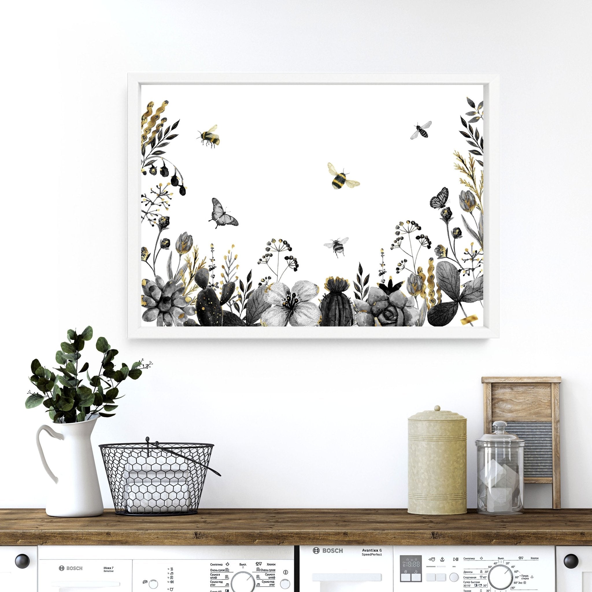 A beautifully detailed wall art print featuring bees, showcasing their intricate design and vibrant colors, perfect for kitchen decor.