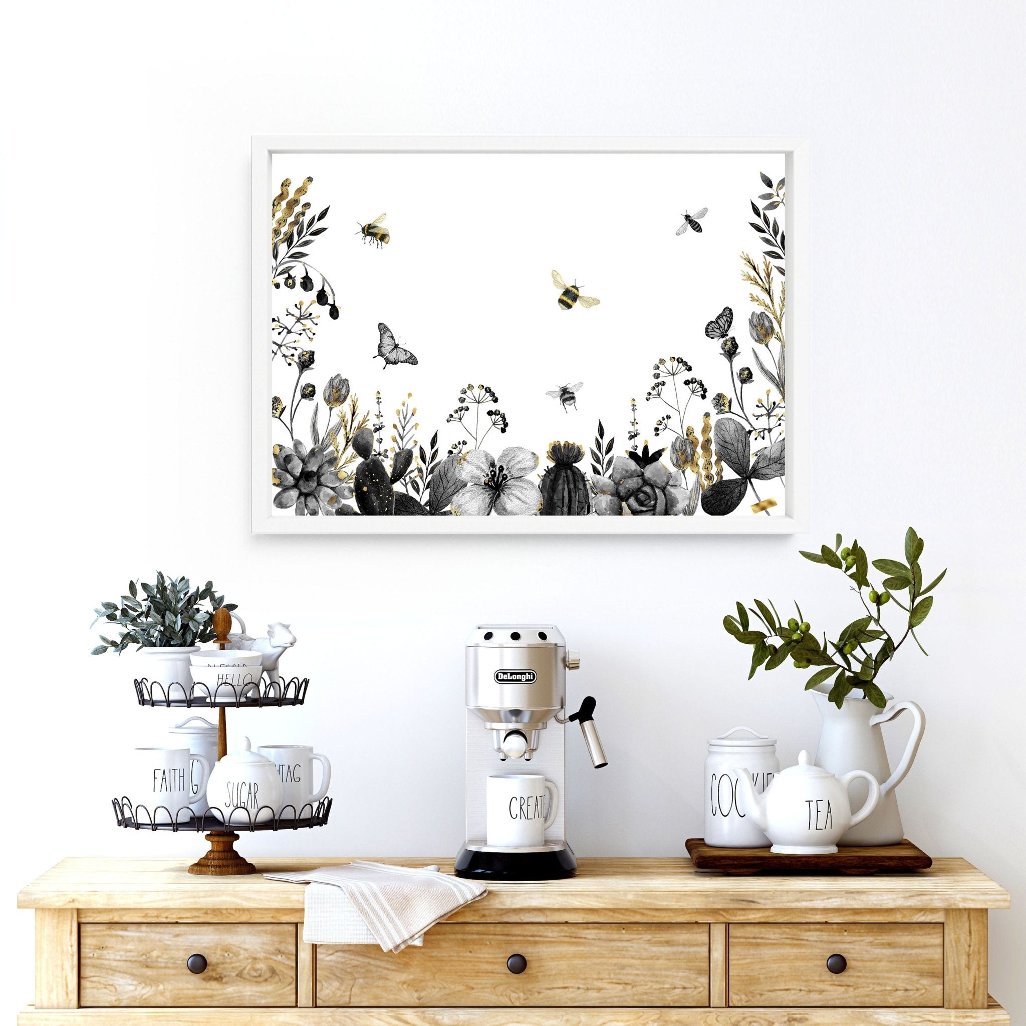 A beautifully detailed wall art print featuring bees, showcasing their intricate design and vibrant colors, perfect for kitchen decor.