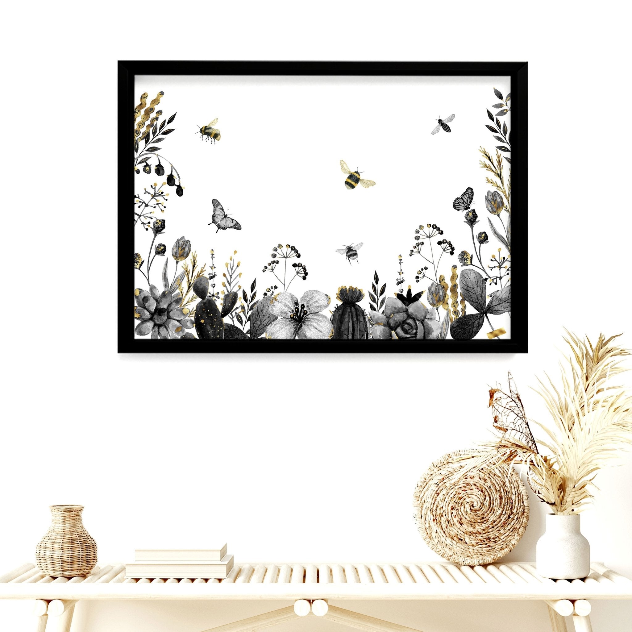 A beautifully detailed wall art print featuring bees, showcasing their intricate design and vibrant colors, perfect for kitchen decor.