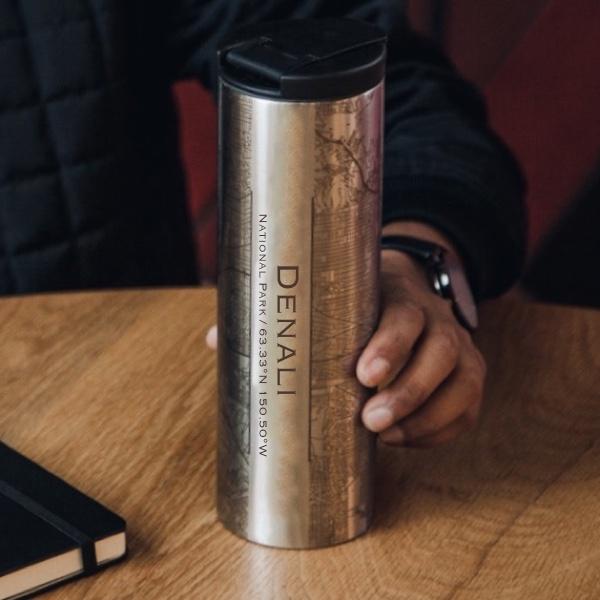 Custom engraved stainless steel tumbler featuring a detailed map of Denali National Park, Alaska.