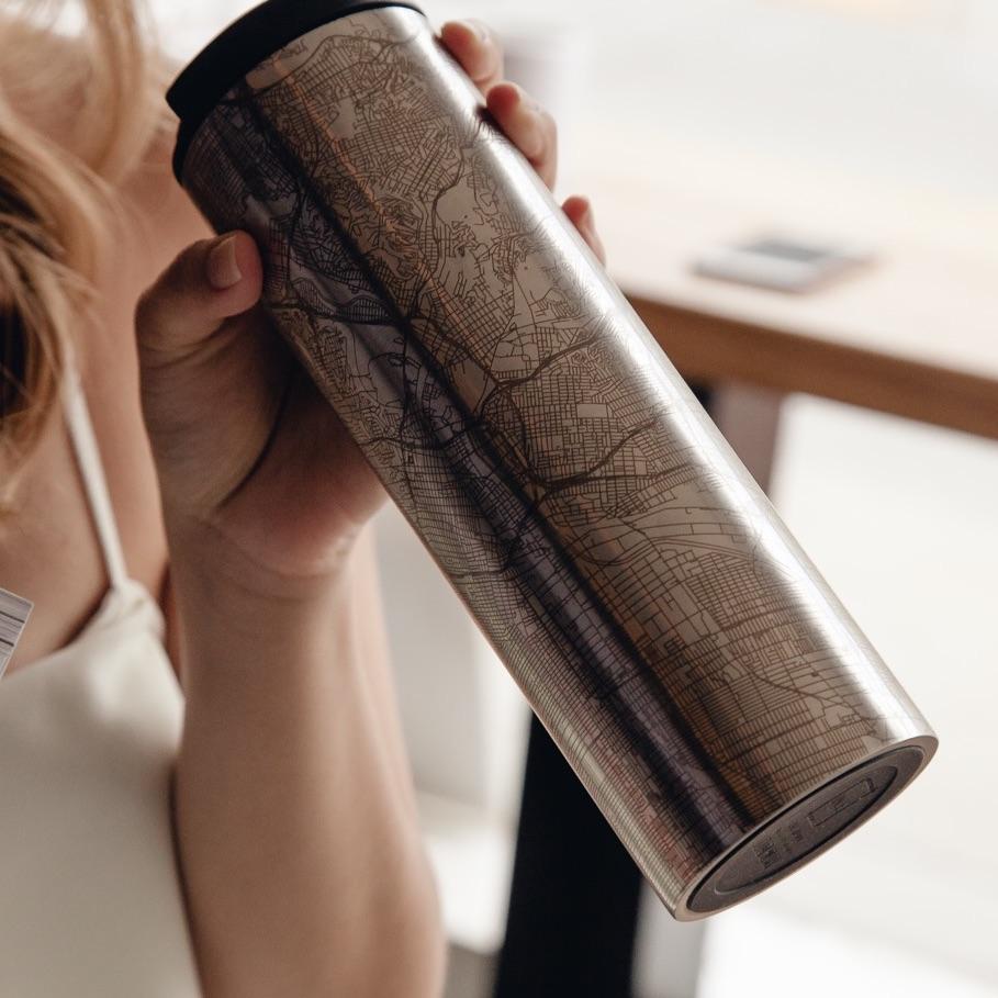 Custom engraved stainless steel tumbler featuring a detailed map of Denali National Park, Alaska.