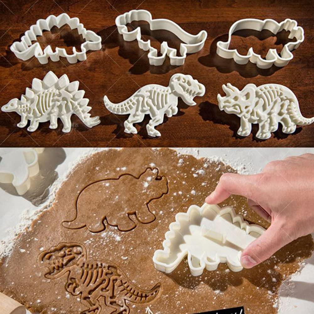 Dinosaur Biscuit Mould featuring three dinosaur shapes: Stegosaurus, Tyrannosaurus Rex, and Triceratops, made from food-grade PVC material.