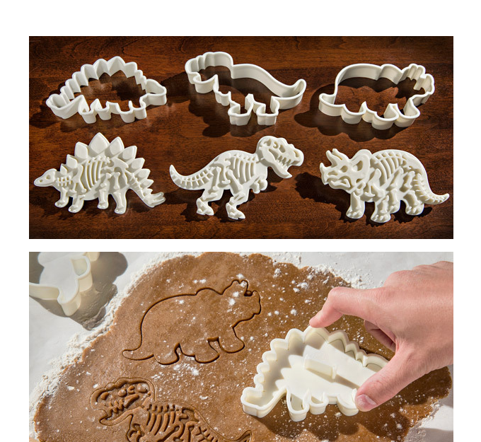 Dinosaur Biscuit Mould featuring three dinosaur shapes: Stegosaurus, Tyrannosaurus Rex, and Triceratops, made from food-grade PVC material.