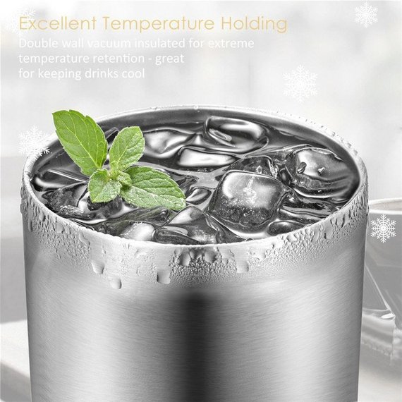 Stainless steel tumbler with ice.