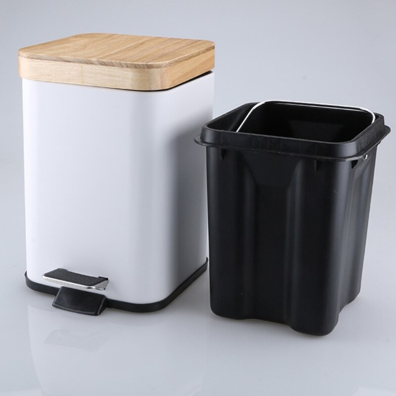 Double Layer Step Trash Can with Bamboo Lid, featuring a sleek metal body and stylish bamboo top, ideal for modern waste disposal.