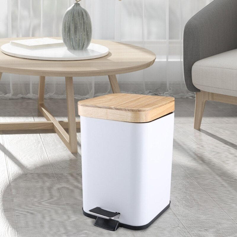 Double Layer Step Trash Can with Bamboo Lid, featuring a sleek metal body and stylish bamboo top, ideal for modern waste disposal.