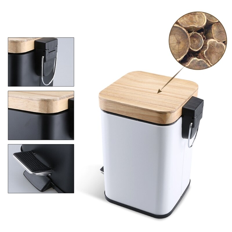 Double Layer Step Trash Can with Bamboo Lid, featuring a sleek metal body and stylish bamboo top, ideal for modern waste disposal.