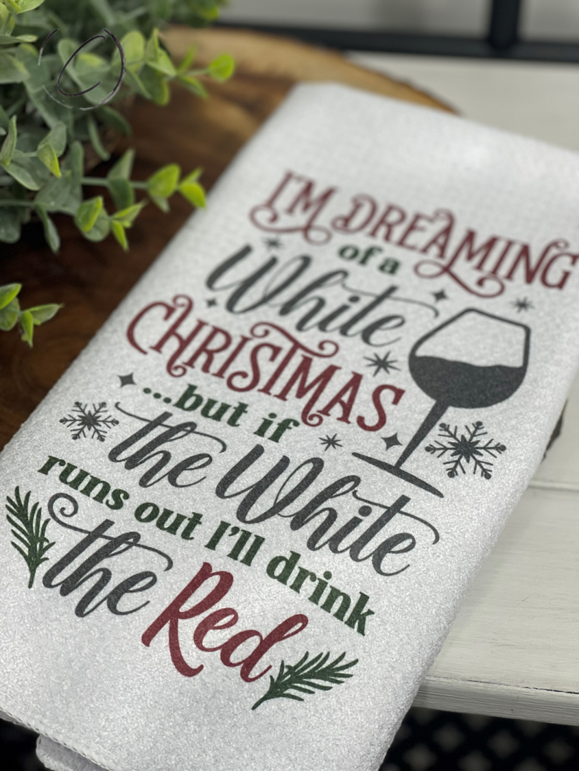 Dreaming Of A White Christmas Waffle Weave Tea Towel featuring a festive design, perfect for kitchen or bathroom use.