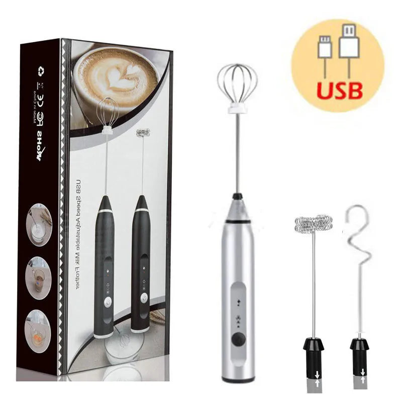 Portable rechargeable electric milk frother with three whisks for versatile use, perfect for making coffee foam.