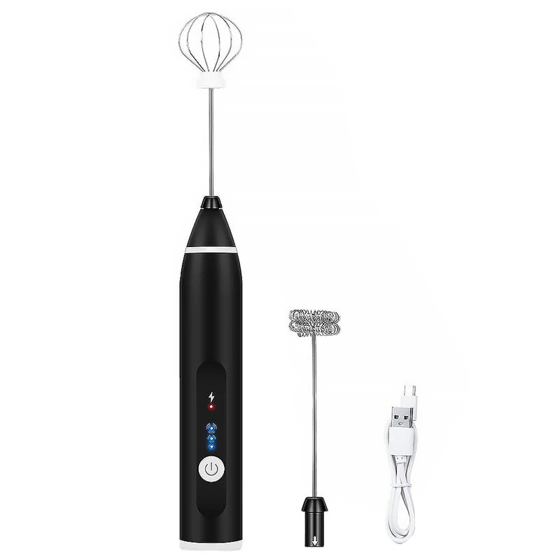 Portable rechargeable electric milk frother with three whisks for versatile use, perfect for making coffee foam.