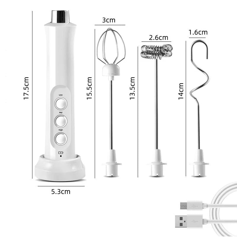 Portable rechargeable electric milk frother with three whisks for versatile use, perfect for making coffee foam.